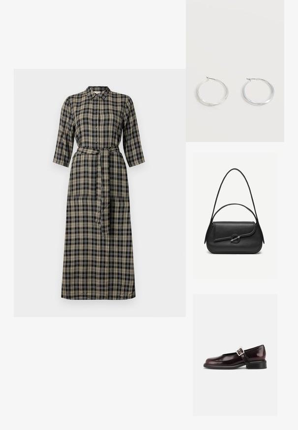 Lang plaid kjole med krave, knaplukning foran, trekvartlange ærmer og en bundet talje. Farverne inkluderer sort, beige og hvid.; En enkelt blank mørk burgunder Mary Jane sko med bred rem og sølvspænde, lav blokhæle og rundet tå på hvid baggrund.; Sort læderhåndtaske med afrundede kanter, asymmetrisk klap, metalcirkulært spænde samt både korte og lange skulderstropper.; Sølvfarvede metaloorringe med glat, let buet overflade og låsemekanisme på en ensfarvet hvid baggrund.