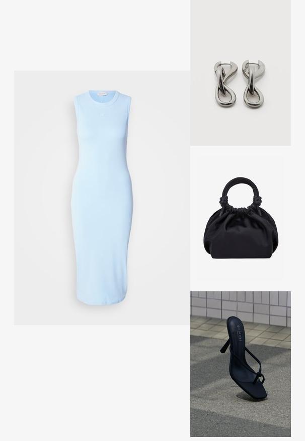 Lysblå, ærmeløs midikjole i en tætsiddende design, lavet af glat stof med et subtilt logo broderet på brystet.; Sort højhælet sandal med tynde stropper og firkantet tå, mærket "SIMMI London", placeret på udendørs fortov nær flisebelagt væg.; Sort blød stofhåndtaske med samlet top og afrundede håndtag knyttet ved bunden mod en ensartet lys baggrund.; Par af sølvtonede metale øreringe med abstrakt sammenflettet løbedesign på hvid baggrund.