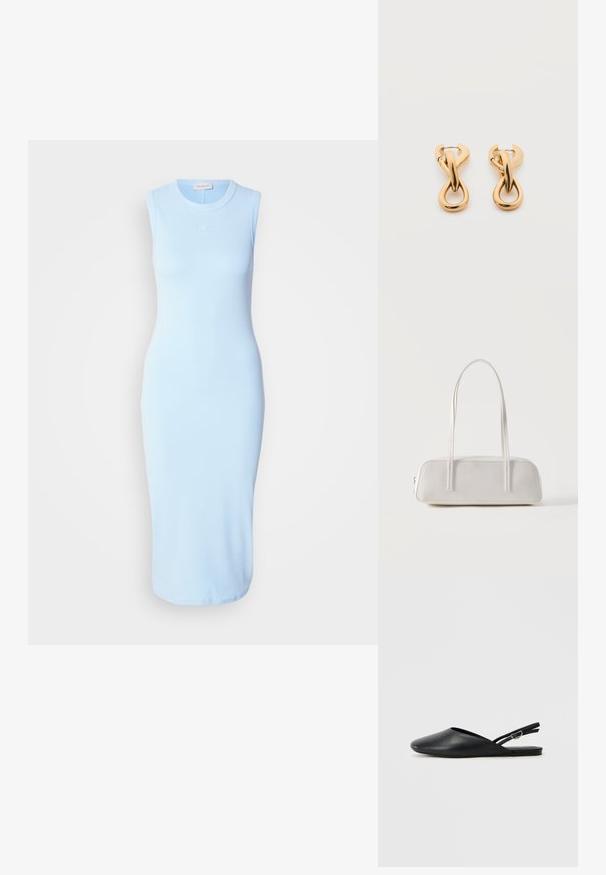 Hellblaues, ärmelloses Midikleid in taillierter Form, aus glattem Stoff mit dezentem Logo, das auf der Brust gestickt ist.; Schwarze Leder-Slingback-Schuhe mit spitzem Zehenbereich, geschwungenem Design und verstellbarem Schnallenriemen. Glatte Textur, flache Sohle, minimale Details.; Weiße rechteckige Schultertasche mit langen dünnen Trägern, minimalen Nähten und Reißverschlussverschluss vor einem schlichten Hintergrund.; Paar glänzende goldfarbene Creolen mit verschlungenem, verdrehtem Design auf schlichten weißem Hintergrund.