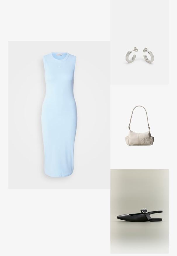 Lysblå, ærmeløs midikjole i en tætsiddende design, lavet af glat stof med et subtilt logo broderet på brystet.; Sort spids flat slingback-sko med sølv spænde og lav hæl på en neutral baggrund.; Lille beige læder skuldertaske med justerbar rem og præget Calvin Klein-logo foran i midten.; Sølv metal hoop øreringe med et tekstureret design, der har en lille post bagpå og branding på en af øreringene. Rund form med en poleret overflade.