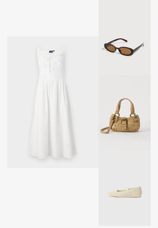 Robe blanche avec un décolleté carré, taille froncée et jupe évasée. Présente des broderies florales sur le tissu et des fines bretelles.; Ballerines beiges avec une exterior en cuir lisse, un bout en forme d'amande et une sangle élastique sur le coup de pied, avec des détails de couture subtils.; Lunettes de soleil ovales en écaille avec des verres teintés marron et des branches fines reposant sur une surface blanche.; Sac à main en cuir beige avec double poignées, boucle en laiton et détails rivetés, ainsi qu'une bandoulière réglable sur fond blanc.