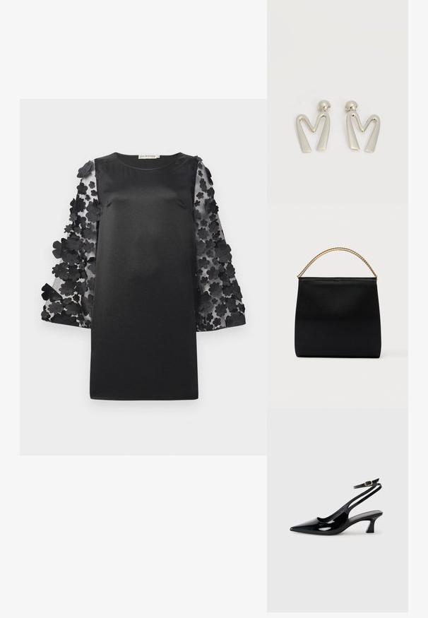 Robe noire avec un corps lisse et des manches transparentes ornées d'appliqués floraux superposés. Encolure ronde et coupe décontractée.; Escarpins à brides arrière en cuir verni noir, à bout pointu, avec un petit talon carré et une sangle de cheville ajustable dotée d'une boucle dorée.; Sac noir en tissu lisse, présentant une forme structurée, une poignée en chaîne dorée et un design géométrique minimaliste.; Paire de boucles d'oreilles en métal argenté en forme de lettre M angulaire avec des tiges arrondies sur fond blanc.