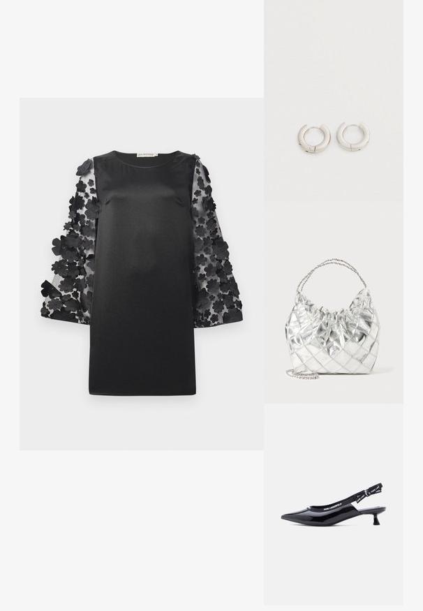 Zwarte jurk met een gladde pasvorm en doorzichtige mouwen versierd met gelaagde bloemenapplicaties. Ronde halslijn en een ontspannen pasvorm.; Zwart lakleren slingback kitten heel schoen met spitse neus en elastisch bandje met het merk "KARL LAGERFELD" erop.; Zilverkleurige metallic quilted handtas met een geplooide bovenrand en dubbele kettinghandvatten op een witte achtergrond.; Een paar kleine, dikke zilveren oorringen met een gladde, gepolijste oppervlakte op een effen witte achtergrond.