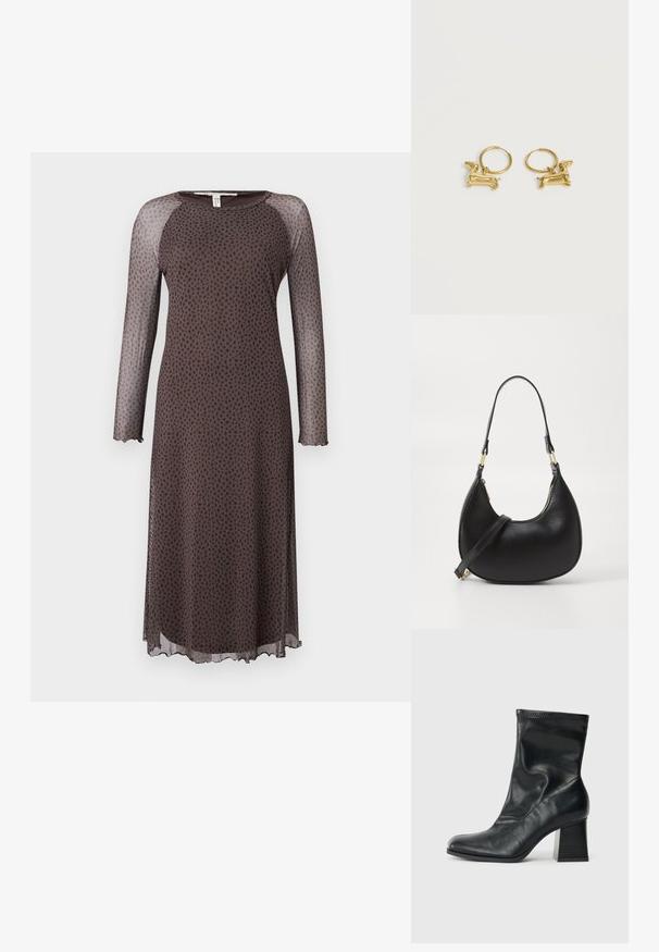 Vestido midi marrón con mangas largas y transparentes, que presenta un patrón de puntos negros dispersos, escote redondo y dobladillo con forma de ondas. Textura suave.; Bota de cuero negro hasta el tobillo con parte superior flexible y puntera cuadrada. Presenta un tacón de bloque texturizado y un detalle de costura minimalista.; Bolso de mano de cuero negro con forma curva, que cuenta con un cierre superior con cremallera, un asa corta y una correa para el hombro desmontable. Accesorios en dorado.; Pequeños pendientes de aro de oro, cada uno con un colgante en forma de perro salchicha sobre un fondo blanco liso.
