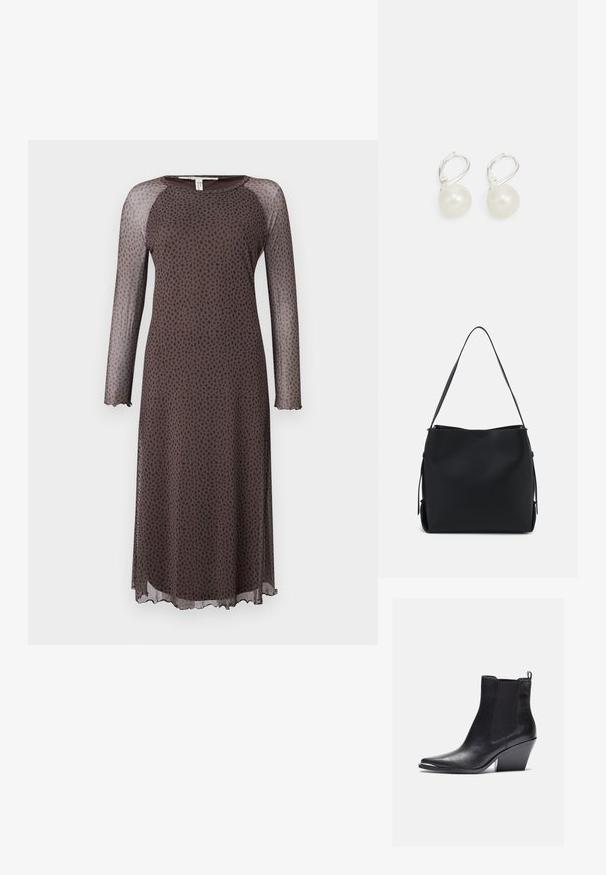 Ruskea midi-mekko, jossa on pitkät läpikuultavat hihat, ja jossa on hajallaan mustia pisteitä, pyöreä pääntie ja aallotettu helma. Sileä rakenne.; Mustat nahka nilkkurit, joissa on terävä kärki, joustavat sivupaneelit ja lohkarekorko. Pintakäsittely on sileä ja muotoilu sulava.; Pieces PCBONY - Käsilaukku - black; Korvakorut, joissa on helmi, kiillotettu pinta, hopeanväriset vipuvarret ja pyöreät valkoiset helmet. Yksinkertainen, klassinen muotoilu.