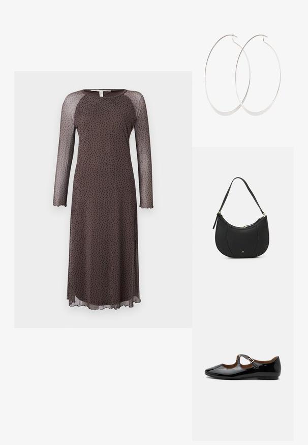 Vestido midi marrón con mangas largas y transparentes, que presenta un patrón de puntos negros dispersos, escote redondo y dobladillo con forma de ondas. Textura suave.; Zapato plano Mary Jane de charol negro con dos recortes y una correa con hebilla dorada sobre fondo blanco.; Bolso de mano de cuero negro con forma curva, superficie texturizada, costuras frontales y un logo en tono dorado. Cuenta con una sola correa ajustable.; Pendientes de aro plateados con un diseño delgado y suave; forma ovalada alargada; acabado pulido; presentan un cierre de gancho seguro.