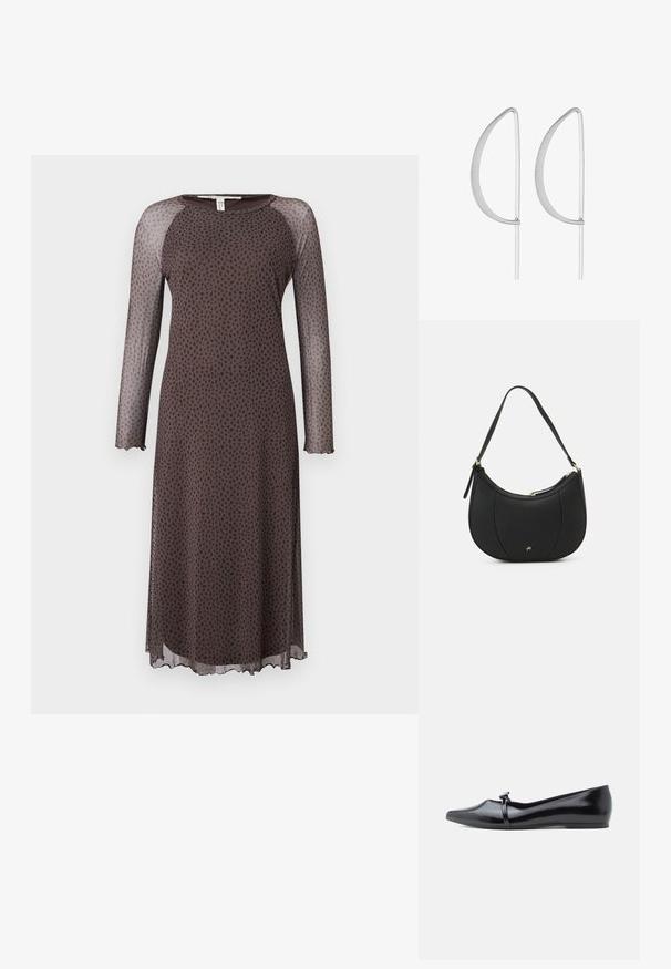 Vestido midi marrón con mangas largas y transparentes, que presenta un patrón de puntos negros dispersos, escote redondo y dobladillo con forma de ondas. Textura suave.; Bailarina de charol negro con punta afilada, correa decorativa y textura lisa. Diseño minimalista sin adornos visibles.; Bolso de mano de cuero negro con forma curva, superficie texturizada, costuras frontales y un logo en tono dorado. Cuenta con una sola correa ajustable.; Pendientes de metal plateado con un diseño curvado minimalista, que presentan formas de lágrima abiertas y alargadas con un acabado mate.