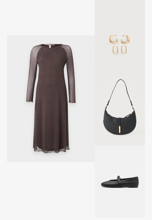 Vestido midi marrón con mangas largas y transparentes, que presenta un patrón de puntos negros dispersos, escote redondo y dobladillo con forma de ondas. Textura suave.; Zapato plano de cuero negro con un diseño de punta redondeada, que presenta una correa delgada con un detalle de hebilla dorada en el empeine.; Bolso negro en forma de media luna con una sola correa, cremallera dorada y una lengüeta decorativa rectangular dorada en la parte delantera.; Dos pares de pendientes de aro geométricos en tono dorado sobre una superficie blanca lisa, un par cuadrados y sólidos, un par rectangulares y huecos.