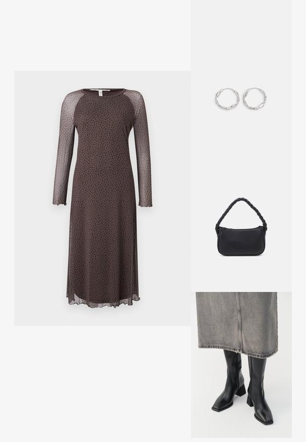 Vestido midi marrón con mangas largas y transparentes, que presenta un patrón de puntos negros dispersos, escote redondo y dobladillo con forma de ondas. Textura suave.; Botas negras hasta la rodilla de cuero liso con punta cuadrada y tacón cuadrado. Llevadas con una falda de mezclilla gris con dobladillo desflecado.; Bolso negro de forma redondeada, hecho de material liso. Presenta un asa trenzada y un cierre de cremallera para un almacenamiento seguro.; Pendientes de aro plateados con textura ondulada e irregular. Presentan una forma circular delgada y un acabado reflectante.