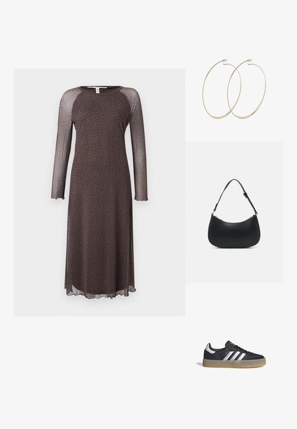 Vestido midi marrón con mangas largas y transparentes, que presenta un patrón de puntos negros dispersos, escote redondo y dobladillo con forma de ondas. Textura suave.; Zapatilla deportiva de cuero negro con tres rayas plateadas, punta texturizada y suela de goma. Cuenta con un collar acolchado y un diseño con cordones.; Pieces PCALUANA SHOULDER BAG - Bolso de mano - black; Pilgrim Pendientes - gold-coloured
