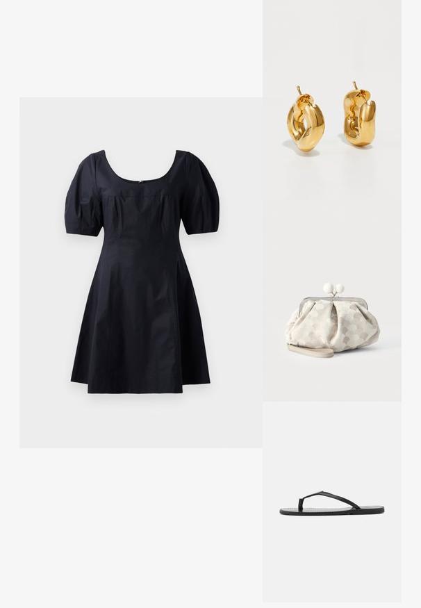 Robe en coton noir avec des manches bouffantes, un décolleté en rond et un corsage ajusté se prolongeant en jupe évasée. Couleur unie, texture lisse.; Tongs noires au design minimaliste, avec des sangles fines et une semelle plate. Le matériau semble être du plastique avec une texture lisse.; Petit sac pochette beige avec tissu texturé à pois, cadre argenté, fermoir rond blanc et bracelet de poignet amovible sur fond uni.; Boucles d'oreilles créoles en or massif avec un design tubulaire légèrement tordu et des fermoirs à tige sur un fond blanc.