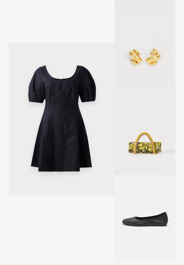 Robe en coton noir avec des manches bouffantes, un décolleté en rond et un corsage ajusté se prolongeant en jupe évasée. Couleur unie, texture lisse.; Ballerines en cuir noir avec un bout rond, texture lisse, détails de couture minimalistes et design de semelle flexible.; Sac rectangulaire avec motif floral jaune et noir et anse tressée jaune et rose sur fond blanc.; Boucles d'oreilles en spirale dorées avec une finition lisse et polie, présentant un design sinueux et une forme épaisse et chunky pour un look audacieux.