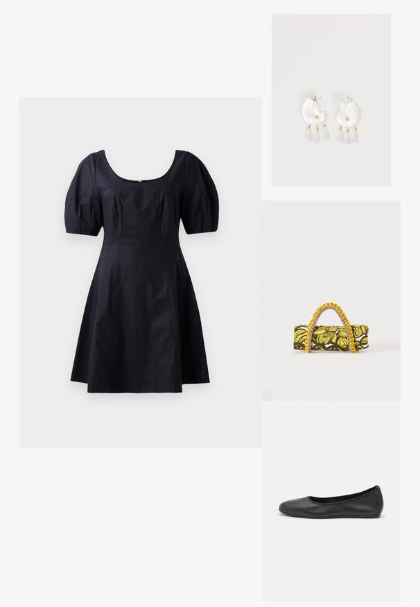 Robe en coton noir avec des manches bouffantes, un décolleté en rond et un corsage ajusté se prolongeant en jupe évasée. Couleur unie, texture lisse.; Ballerines en cuir noir avec un bout rond, texture lisse, détails de couture minimalistes et design de semelle flexible.; Sac rectangulaire avec motif floral jaune et noir et anse tressée jaune et rose sur fond blanc.; Boucles d'oreilles en résine transparente en forme de coquillage avec de petits accents dorés et trois breloques translucides en forme de goutte pendantes sur chaque boucle d'oreille.