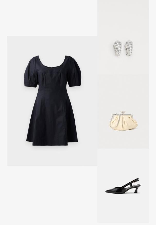 Robe en coton noir avec des manches bouffantes, un décolleté en rond et un corsage ajusté se prolongeant en jupe évasée. Couleur unie, texture lisse.; Chaussure slingback en cuir verni noir à petit talon, bout pointu et bride réglable avec boucle dorée sur fond blanc.; Pochette en cuir beige plissé avec un cadre en métal argenté, dotée de deux fermoirs ronds décoratifs et d'une chaîne en argent.; Boucles d'oreilles en clip argentées avec un design en spirale, présentant une texture métallique lisse et des formes arrondies. Pas d'embellissements ou de motifs visibles.