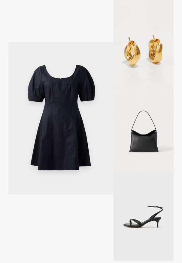 Robe en coton noir avec des manches bouffantes, un décolleté en rond et un corsage ajusté se prolongeant en jupe évasée. Couleur unie, texture lisse.; Sandale pour femme en cuir noir avec fines lanières, une boucle d'orteil, une boucle à la cheville et un talon aiguille de hauteur moyenne sur un fond neutre.; Sac à main en cuir noir avec une seule bandoulière et un petit logo de marque doré sur un fond clair uni.; Boucles d'oreilles créoles en or massif avec un design tubulaire légèrement tordu et des fermoirs à tige sur un fond blanc.