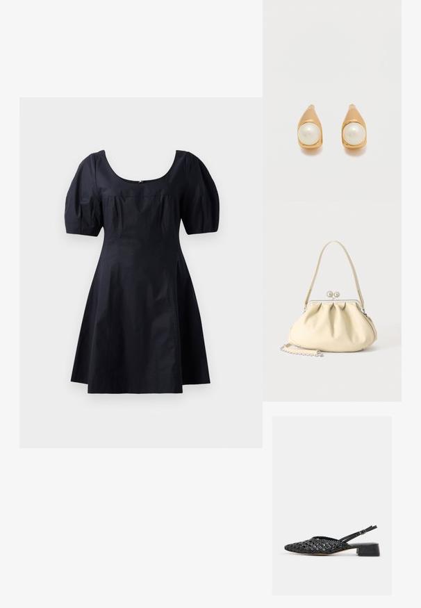 Robe en coton noir avec des manches bouffantes, un décolleté en rond et un corsage ajusté se prolongeant en jupe évasée. Couleur unie, texture lisse.; Chaussure slingback en cuir tressé noir avec talon bas carré et bride réglable à boucle, vue de côté sur fond blanc.; Sac à main en cuir souple couleur crème avec un design froncé, fermoir cadre argenté, poignée courte et bandoulière chaîne amovible.; Boucles d'oreilles à clous en ton or, chacune ornée d'une perle blanche ronde unique, sertie dans un métal lisse et courbé sur un fond clair uni.