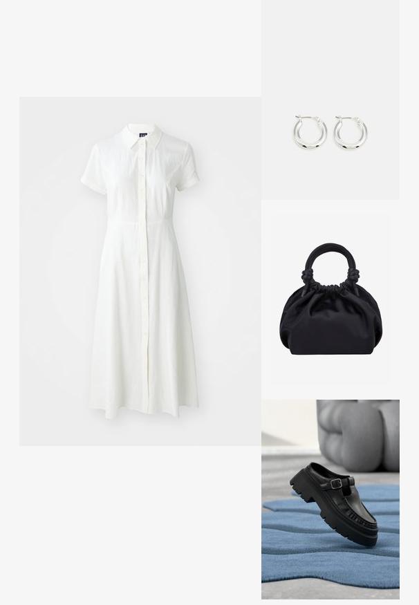 Robe blanche à manches courtes avec un col, un devant à boutons et une forme évasée. Fabriquée dans un tissu léger et texturé.; Mocassin en cuir noir avec semelle crantée épaisse et boucle argentée, positionné en angle sur un tapis bleu texturé.; Sac à main en tissu noir doux avec haut froncé et poignées circulaires rembourrées nouées de chaque côté.; Boucles d'oreilles en argent avec une finition polie, présentant une forme circulaire et une fermeture à charnière. Texture lisse avec un minimum de détails.