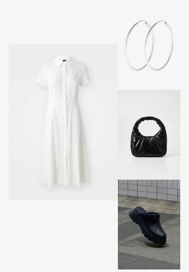 Robe blanche à manches courtes avec un col, un devant à boutons et une forme évasée. Fabriquée dans un tissu léger et texturé.; Sabot noir à enfiler avec semelle épaisse crantée et bride réglable, posé sur un sol en asphalte avec un mur carrelé en arrière-plan.; Sac à main noir rembourré avec une poignée arrondie, présentant une surface lisse et brillante ainsi qu'une texture douce et matelassée. Pas de quincaillerie ou d'accents visibles.; Boucles d'oreilles en argent, de forme ronde lisse et finition polie. Les deux boucles d'oreilles sont de la même taille et disposent d'un mécanisme de fermeture sécurisé.