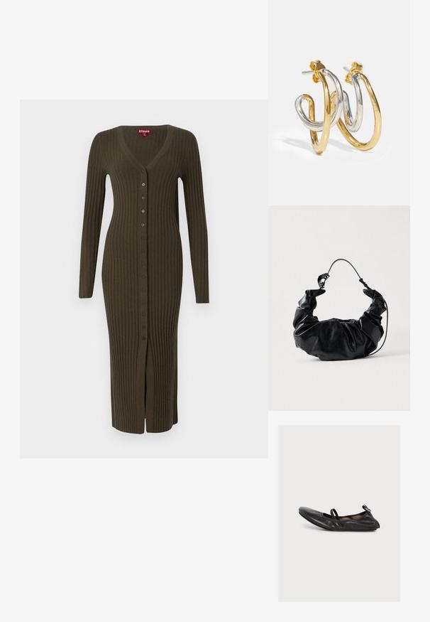 Lang, khaki ribbet cardigan med V-hals og lange ærmer, der har brune knapper langs forsiden og en slids i bunden.; Sort læder flad sko med rund tå, elastisk strop over toppen og lille spænde detalje på hælen, vist i sidevisning på hvid baggrund.; Sort faux læder handbag med et blødt, samlet design og et fleksibelt håndtag, der fremviser en glat tekstur og en subtil glans.; Guld- og sølvfarvede snoede hoops øreringe med glatte, blanke overflader; har en post bagtil for sikker bæreevne.