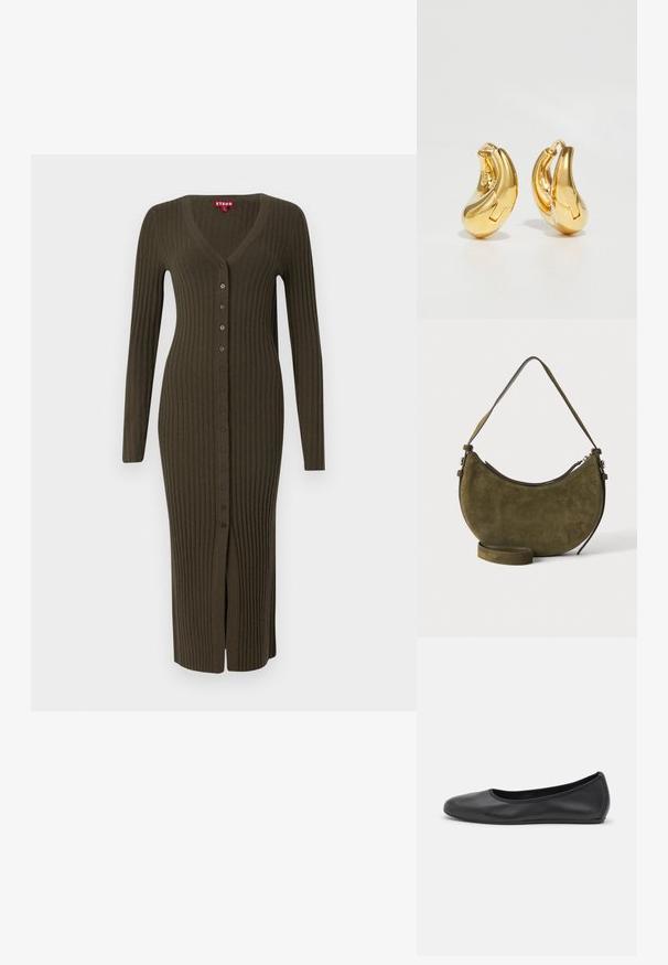 Cardigan long en rib cordé khaki avec un col en V et des manches longues, doté de boutons marron sur le devant et d'une fente en bas.; Ballerines en cuir noir avec un bout rond, texture lisse, détails de couture minimalistes et design de semelle flexible.; Sac à main en daim vert olive en forme de croissant avec une courte bandoulière et une sangle longue réglable supplémentaire, fermeture éclair sur le dessus.; Boucles d'oreilles en or en forme de d'anneaux lisses et courbés avec une finition polie. Équipées d'un mécanisme de fermeture et de légères indentations pour le détail.