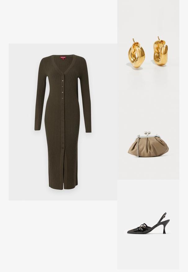 Lang, khaki ribbet cardigan med V-hals og lange ærmer, der har brune knapper langs forsiden og en slids i bunden.; ALOHAS JOELLE ONIX - Pumps - black; Læderclutch i blød beige med afrundet form, plisseret tekstur, sølvfarvet kiss-lock lukning og aftagelig kæderem.; Chunky guld hoop øreringe med et let snoet, rørformet design og postsystem bagpå, på en hvid baggrund.