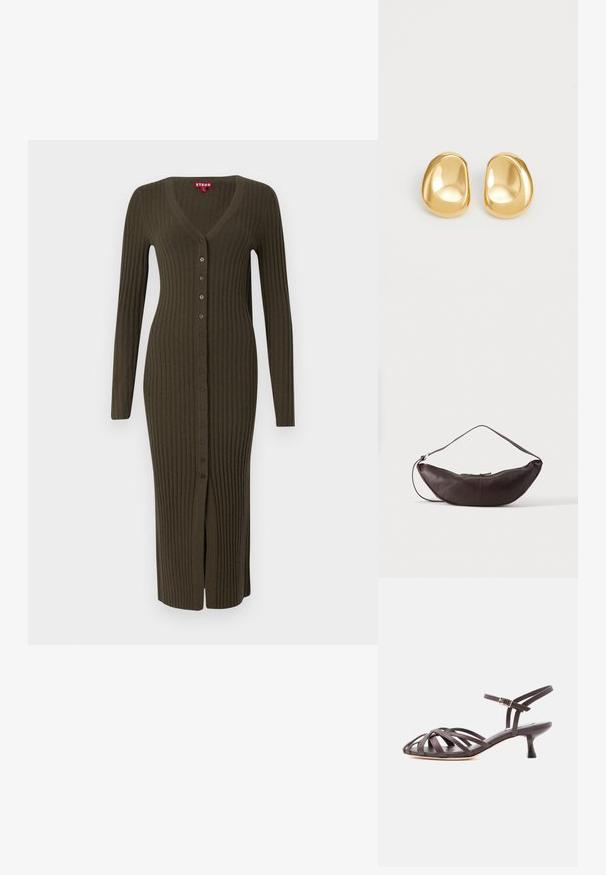 Cardigan long en rib cordé khaki avec un col en V et des manches longues, doté de boutons marron sur le devant et d'une fente en bas.; Sandale à talon kitten en cuir marron foncé avec lanières et bride de cheville réglable à boucle sur fond blanc.; Sac d'épaule en cuir marron foncé en forme de croissant avec une lanière courbée et des coutures visibles sur fond uni.; Boucles d'oreilles en forme de clou de couleur or, avec une forme lisse et arrondie et une surface réfléchissante, mettant en avant un design minimaliste sans motifs visibles.