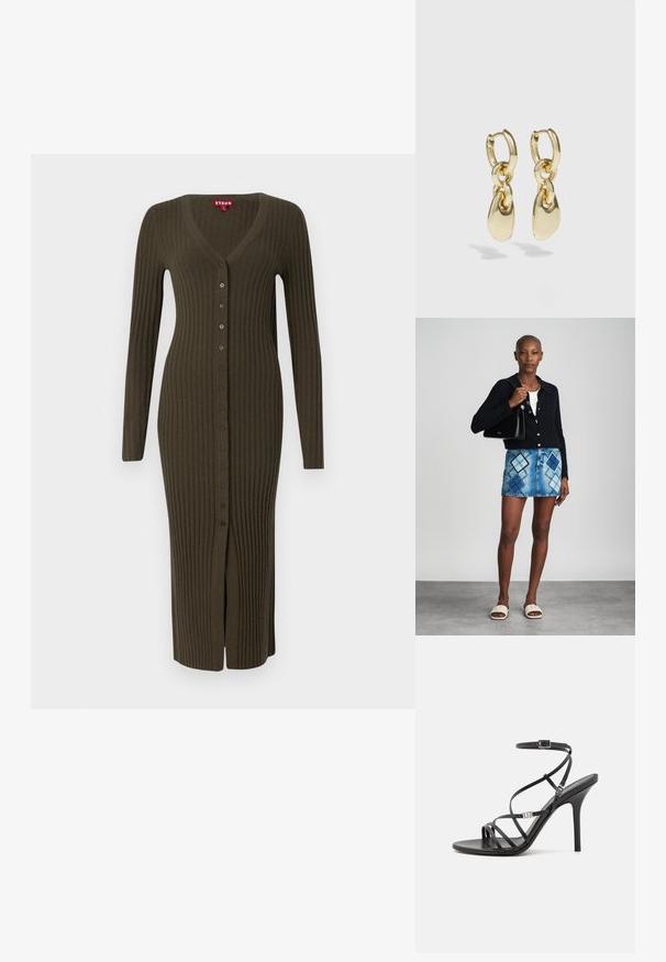 Lange, khaki geribde cardigan met een V-hals en lange mouwen, voorzien van bruine knopen die langs de voorkant lopen en een split aan de onderkant.; Zwarte hoge hakken sandaal met dunne banden, een enkelgesp, een gladleren oppervlak en een slanke stilettohak.; Zwarte gebreide cardigan, witte top, denimrok met blauw en zwart ruitpatroon, zwarte handtas en beige instapsandalen.; Gouden creolen met een verbonden ontwerp en een gladde, druppelvormige accent. De reflecterende afwerking vergroot de visuele aantrekkingskracht.