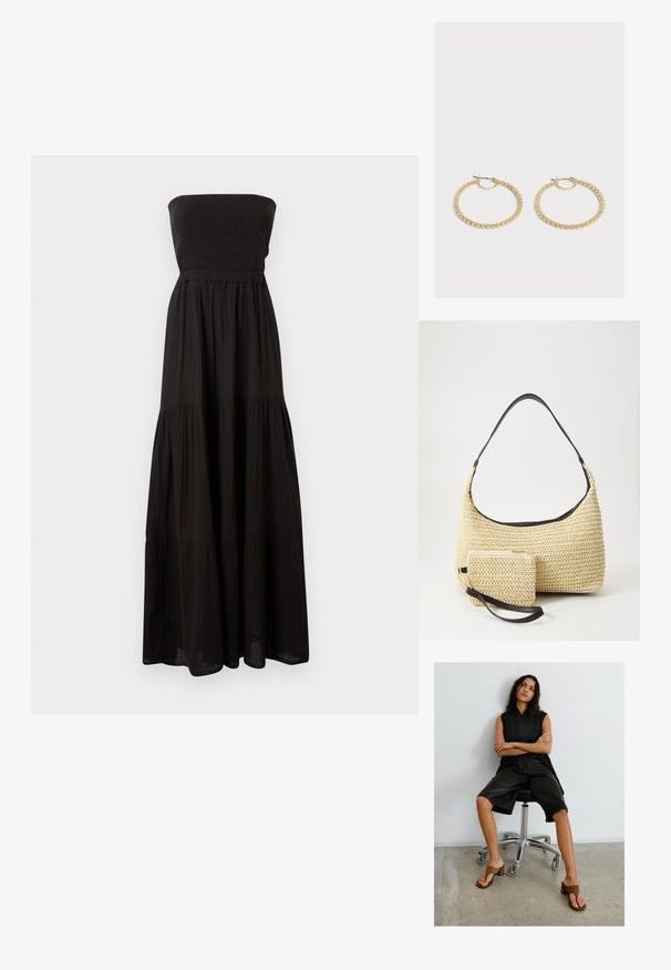 Robe maxi sans bretelles noire en tissu texturé, dotée d'un corsage smocké et de sections de jupe à volants, offrant une silhouette fluide.; Femme aux longs cheveux noirs assise sur une chaise de bureau noire, portant un haut sans manches noir, un short noir longueur genou et des sandales marron à talons.; Sac à main en paille tissée avec une silhouette courbée, doté d'une bandoulière en cuir noir lisse et d'une petite pochette assortie attachée par une sangle pour le poignet.; Paire de boucles d'oreilles créoles en or de taille moyenne avec un design texturé et perlé sur un fond clair uni.