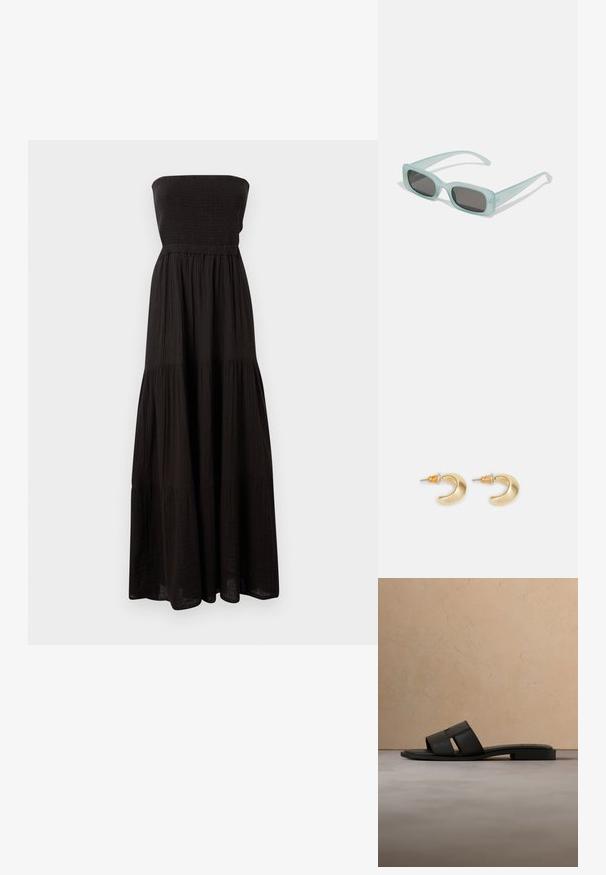 Robe maxi sans bretelles noire en tissu texturé, dotée d'un corsage smocké et de sections de jupe à volants, offrant une silhouette fluide.; Sandale slide en cuir noir avec larges brides et semelle plate flottant au-dessus d'un tapis beige et d'un fond de canapé.; Une paire de lunettes de soleil rectangulaires avec des montures translucides bleu clair et des verres gris foncé, présentant des branches droites et des détails matériels minimaux.; Boucles d'oreilles en forme de croissant en or avec une finition lisse, présentant des accents orange près du clou et un matériel en argent.