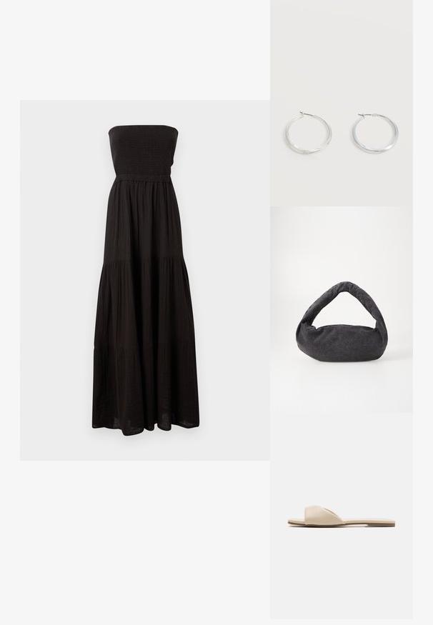 Μαύρο strapless maxi φόρεμα φτιαγμένο από υφασμάτινο υλικό, με σφηνοειδή μπούστο και διαστρωμένα τμήματα φούστας, προσφέροντας ρέουσα σιλουέτα.; Φλατ σανδάλια από απαλό μπεζ υλικό, με ανοιχτό μπροστινό σχέδιο, λεία υφή και μινιμαλιστικό σχήμα, συνοδευόμενα από ανοιχτό καφέ σόλα.; Σκούρο γκρι ύφασμα τσάντα με καμπύλη λαβή, μαλακή υφή και στρογγυλό σχήμα. Χωρίς ορατά αξεσουάρ ή στολίδια.; Ασημένια μεταλλικά σκουλαρίκια κρίκοι με λεία, ελαφρώς κυρτή επιφάνεια και κλειδαριά τύπου latch-back σε απλό λευκό φόντο.