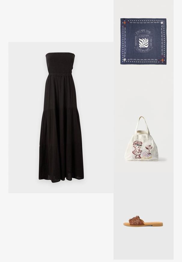 Musthave muströðiga mustrīt dressi, mis on valmistatud tekstureeritud kangast, omades smockitud büst ja kihilisi seeliku osi, pakkudes voolavat siluetti.; Pruun nahast libisev sandaal, millel on rihmal heegeldatud muster ja lame kummist tallaga. Sile tekstuur ja minimalistlik stiil.; Meresinine ruudukujuline sall valge kirjaga "Escape the Ordinary La Dolce Vita" ning valgete ja oranžide lehemustritega servadel.; Kreemjas käekott, millel on joonistused päikeseprille kandevast büstist, kokteiliklaas kirsidega ja sõna "Closed" kursiivkirjas.