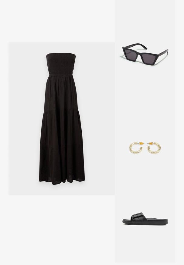 Μαύρο strapless maxi φόρεμα φτιαγμένο από υφασμάτινο υλικό, με σφηνοειδή μπούστο και διαστρωμένα τμήματα φούστας, προσφέροντας ρέουσα σιλουέτα.; Μαύρη σανδάλι με φαρδύ λουράκι, ρυθμιζόμενη αγκράφα, επίπεδη σόλα και λεία ματ υφή. Απλός σχεδιασμός χωρίς πρόσθετα σχέδια.; Μαύρα, γωνιώδη γυαλιά ηλίου με γκρι φακούς; κατασκευασμένα από πλαστικό, με χοντρές βραχίονες με λεία επιφάνεια και χωρίς ορατό μηχανισμό.; Χρυσά κρίκοι σκουλαρίκια με ομαλό, στρογγυλό σχήμα και γυαλιστερή φινέτσα. Διαθέτουν πορτοκαλί λεπτομέρειες στο πίσω μέρος για ασφαλή στερέωση.