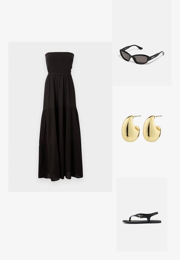 Musthave muströðiga mustrīt dressi, mis on valmistatud tekstureeritud kangast, omades smockitud büst ja kihilisi seeliku osi, pakkudes voolavat siluetti.; Mustad tasane sandaal pahkluu rihmaga, varbavahe ja hõbedase pandlaga sileda taldosa peal, nähtav küljelt valgel taustal.; Mustad prillid, millel on ristkülikukujuline raam, tumedad objektiivid, sile plastikmaterjal ja metallist aksent tempel.; Kuldsetes toonides käevõruga kõrvarõngad, millel on sile, poleeritud pind ja abstraktne, tilgakujuline kuju. Lihtne metallpostiga kinnitus.