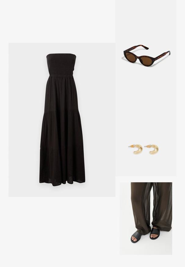 Μαύρο strapless maxi φόρεμα φτιαγμένο από υφασμάτινο υλικό, με σφηνοειδή μπούστο και διαστρωμένα τμήματα φούστας, προσφέροντας ρέουσα σιλουέτα.; Πόδια με μαύρα σανδάλια τύπου σλάιντ, συνδυασμένα με φαρδιά, διάφανα καφέ παντελόνια, σε απλό λευκό φόντο.; Καφέ γυαλιά ηλίου σε σχήμα vintage cat-eye με καφέ φακούς. Διαθέτουν καμπύλες κροταφίδες με κόκκινες λεπτομέρειες.; Χρυσά σκουλαρίκια σε σχήμα ημισέληνου με λεία επιφάνεια, που διαθέτουν πορτοκαλί λεπτομέρειες κοντά στον κρίκο και ασημένια εξαρτήματα.