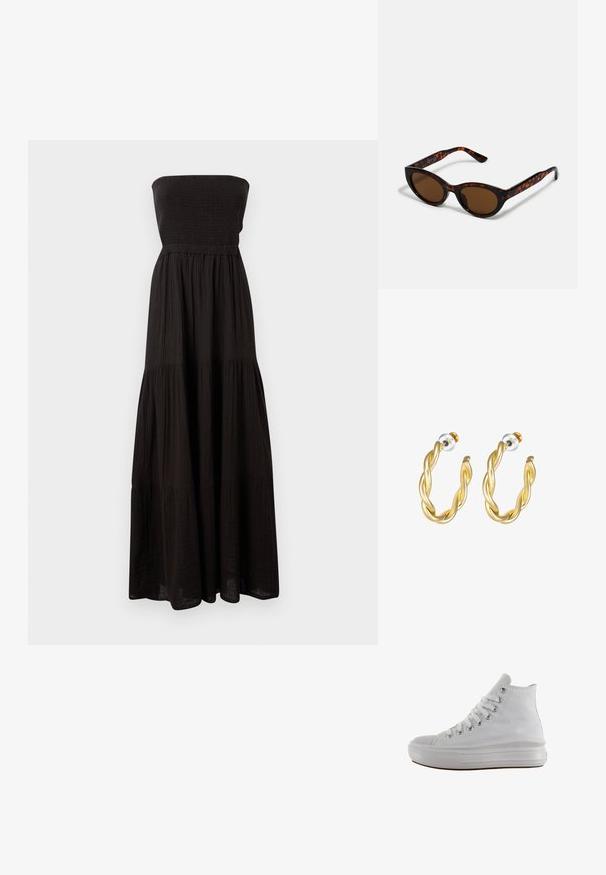 Robe maxi sans bretelles noire en tissu texturé, dotée d'un corsage smocké et de sections de jupe à volants, offrant une silhouette fluide.; Baskets montantes en toile blanche avec lacets blancs, œillets métalliques, semelle épaisse en caoutchouc et bout texturé, orientées vers la gauche sur fond blanc.; Lunettes de soleil en écaille de tortue marron avec une forme vintage de lunettes cat-eye et des verres marron. Présente des branches courbées avec des accents rouges.; Paire de boucles d'oreilles créoles torsadées dorées avec fermoirs poussoirs argentés et dorés sur fond blanc.