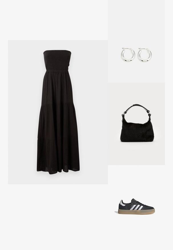 Vestido maxi negro sin tirantes hecho de tela texturizada, con un corsé fruncido y secciones de falda en capas, que proporciona una silueta fluida.; Zapatilla deportiva de cuero negro con tres rayas plateadas, punta texturizada y suela de goma. Cuenta con un collar acolchado y un diseño con cordones.; Bolso de mano de piel sintética negra con una textura suave, forma redondeada y una resistente correa de cuero negro para el hombro. Acentos de herrajes plateados visibles.; Pendientes de aro de plata con un acabado pulido, que presentan una forma circular y un cierre de gancho. Textura suave con detalles mínimos.