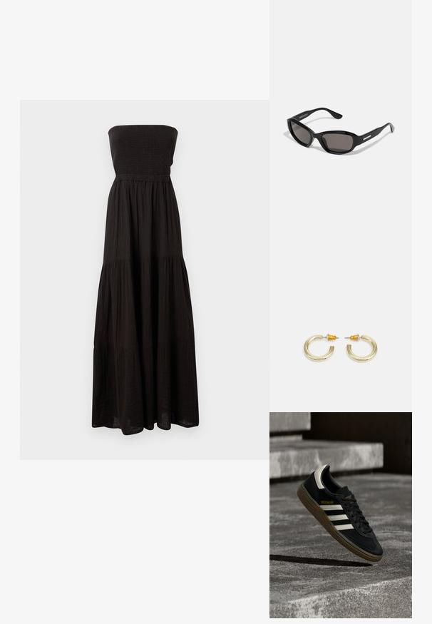 Robe maxi sans bretelles noire en tissu texturé, dotée d'un corsage smocké et de sections de jupe à volants, offrant une silhouette fluide.; Baskets Adidas noires avec des bandes blanches et une semelle en gomme flottant au-dessus d'escaliers en béton gris sous une lumière naturelle.; Lunettes de soleil noires avec une monture rectangulaire, des verres sombres, un matériau plastique lisse et un accent métallique sur la branche.; Boucles d'oreilles en métal doré en forme d'anneau, avec une finition lisse et arrondie. Elles possèdent des accents orange à l'arrière pour un maintien sécurisé.