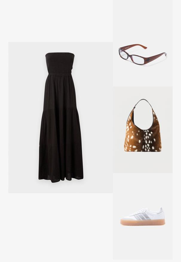 Sort stram fri maxi-kjole lavet af struktureret stof, med en smocket liv og lagdelte skørtsektioner, der giver en flydende silhuet.; Hvid lavtop-sneaker med gum-gummisål, sølvstribede sideaccents og snørelukning, vist mod en ensfarvet lys baggrund.; Brune-farvede rektangulære briller med en glat overflade, der har slanke arme og gennemsigtige linser. Logoet er synligt på venstre temple.; Brun og sort håndtaske med hvid pletskindtekstur og en enkelt sort skulderrem på en ensfarvet baggrund.