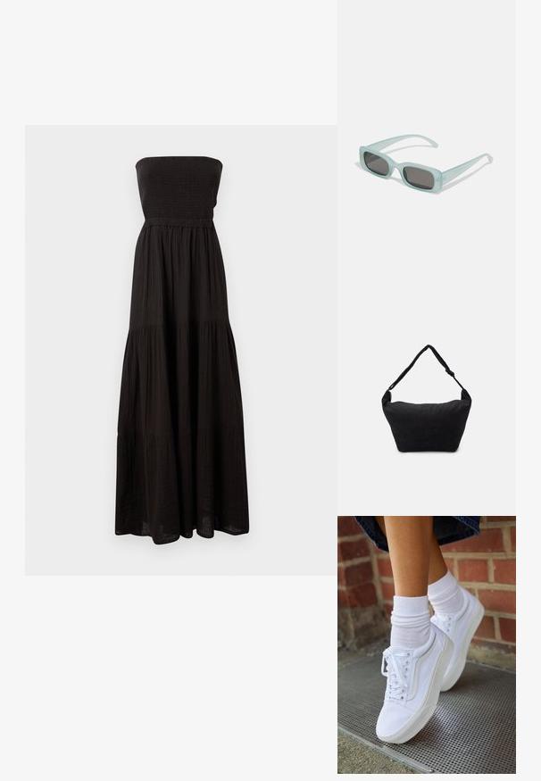 Μαύρο strapless maxi φόρεμα φτιαγμένο από υφασμάτινο υλικό, με σφηνοειδή μπούστο και διαστρωμένα τμήματα φούστας, προσφέροντας ρέουσα σιλουέτα.; Λευκά καμβά παπούτσια με καουτσούκ σόλες, που διαθέτουν έξι τρυπούλες, στρογγυλή μύτη και λεπτομέρειες από ελαφριά ραφή, σε συνδυασμό με λευκές κάλτσες μέχρι τον αστράγαλο.; Ενα ζευγάρι ορθογώνια γυαλιά ηλίου με ανοιχτό μπλε ημιδιαφανείς σκελετούς και σκούρους γκρι φακούς, διαθέτοντας ίσιες βραχίονες και ελάχιστες λεπτομέρειες υλικών.; Μαύρη υφασμάτινη τσάντα ώμου με μαλακή υφή, στρογγυλή μορφή και έναν μόνο ιμάντα. Μινιμαλιστικός σχεδιασμός χωρίς ορατό υλικό ή αξεσουάρ.