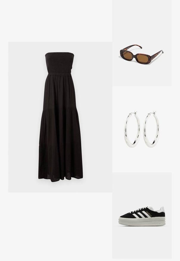 Vestido maxi negro sin tirantes hecho de tela texturizada, con un corsé fruncido y secciones de falda en capas, que proporciona una silueta fluida.; Zapatillas negras de ante con detalles en cuero blanco, tres rayas blancas, cordones planos y una gruesa suela de plataforma gris. Marca "Gazelle" en dorado.; Gafas de sol de carey con forma rectangular, lentes marrones, montura de plástico suave y varillas delgadas que presentan sutiles patrones tonales.; Pendientes de aro de plata con un acabado suave y brillante. Forma circular, con un cierre seguro. Diseño sencillo y elegante.
