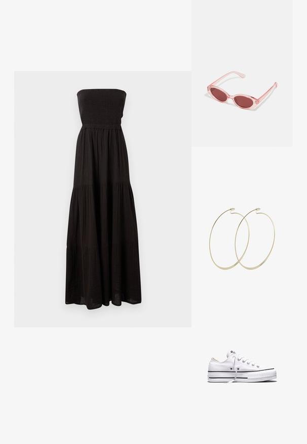 Schwarzes trägerloses Maxikleid aus strukturiertem Stoff mit einem gerüschten Oberteil und gestuften Rockabschnitten, die eine fließende Silhouette verleihen.; Weißer Canvas-Sneaker in niedriger Ausführung mit weißen Schnürsenkeln, schwarzen Streifen an der Sohle und gummiertem, strukturiertem Zehenschutz, Seitenansicht vor weißem Hintergrund.; Pink transparente Sonnenbrille mit ovalen Gläsern, dunkler roter Tönung und schlanken Bügeln, ausgestattet mit einer glatten Oberfläche und dezenten Details am Rahmen.; Pilgrim Ohrringe - gold-coloured