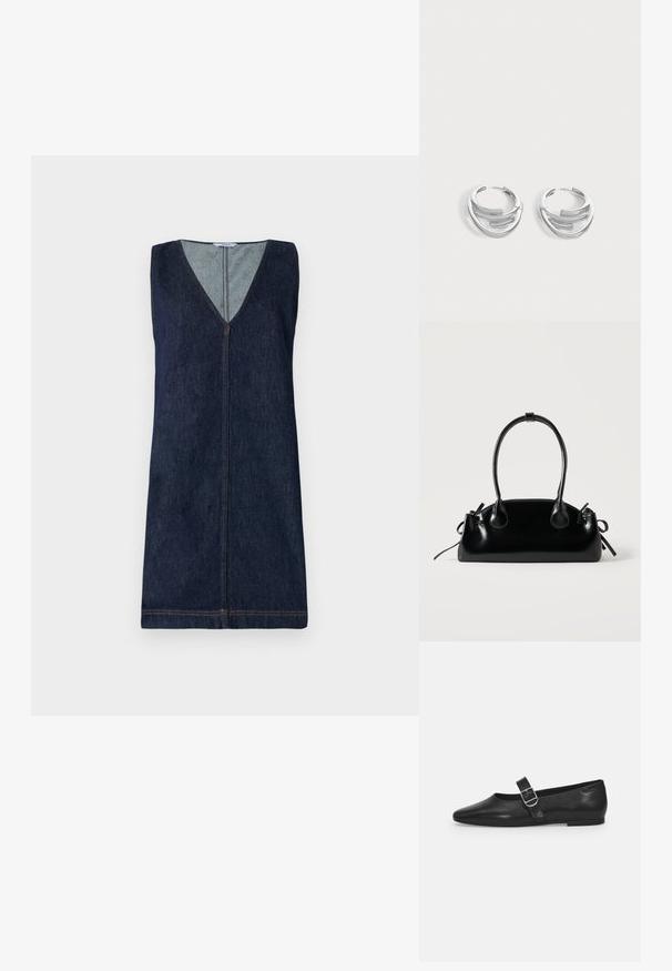 Vestido sin mangas de mezclilla, azul oscuro, escote en V, cierre frontal con cremallera, detalles de costura mínimos, silueta recta, textura suave.; Zapato plano de cuero negro con punta redondeada, una sola correa ajustable con hebilla y una textura suave y brillante. Diseño minimalista con un tacón bajo.; Pequeño bolso negro brillante con dos asas largas y detalles de cordón lateral sobre un fondo claro liso.; Par de pendientes de aro plateados pulidos con diseño de barra curva en capas sobre un fondo claro y liso.