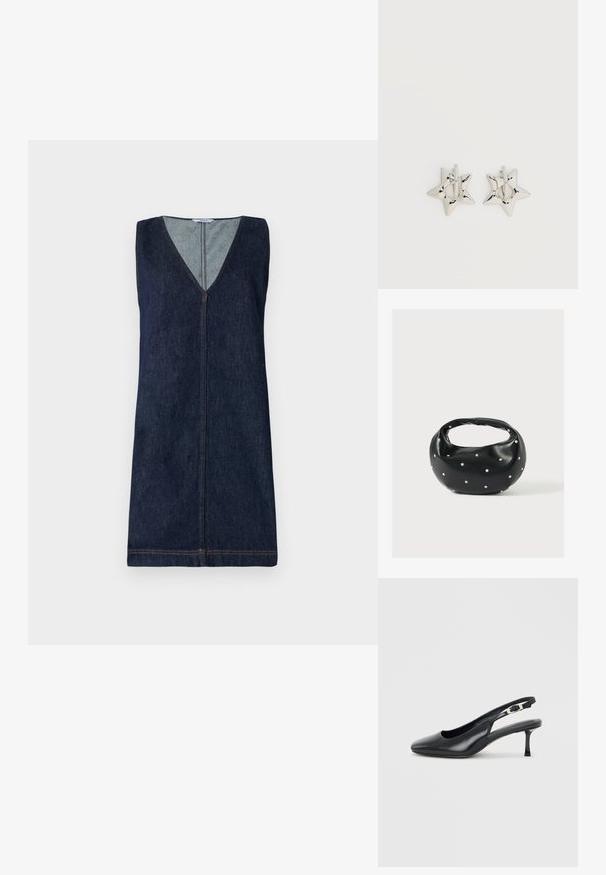 Vestido sin mangas de mezclilla, azul oscuro, escote en V, cierre frontal con cremallera, detalles de costura mínimos, silueta recta, textura suave.; Zapato tipo slingback de cuero negro con punta puntiaguda, tacón bajo y delgado estilo kitten, y correa ajustable con hebilla, sobre un fondo claro y liso.; Bolso de mano de cuero negro con forma redondeada, decorado con detalles de tachuelas plateadas y un asa corta. Textura lisa y cierre con cremallera.; Pendientes de aro plateados en forma de estrella con un acabado liso y pulido sobre un fondo blanco liso.