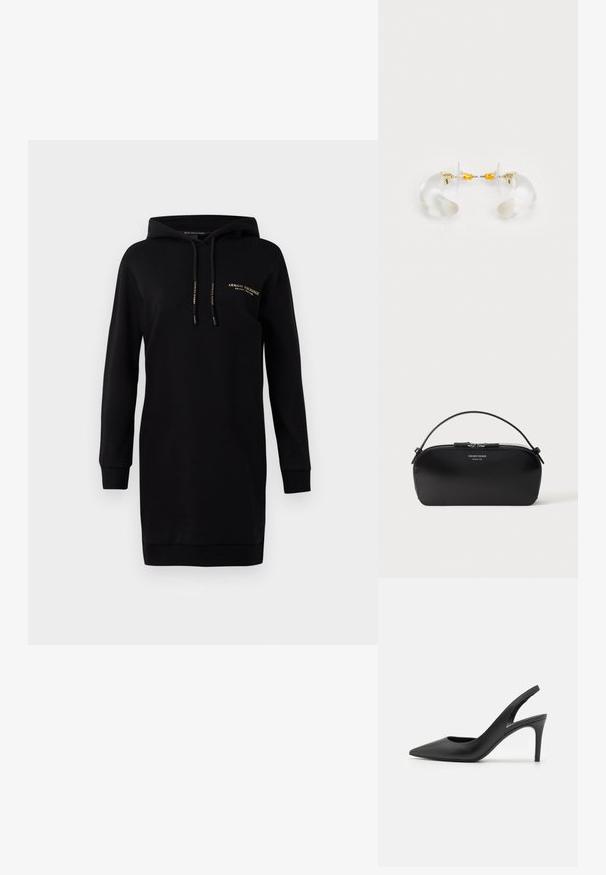 Zwart sweatshirtjurk met een capuchon. Gemaakt van zachte stof. Heeft lange mouwen, geribde manchetten en een klein gouden logo op de borst.; Zwarte leren slingback hoge hakken met een puntige neus, met een uitsparing aan de voorkant en een dunne stilettohak.; Zwarte leren polstasje met zilveren ritssluiting en kort handvat, geperst Emporio Armani Milano 1981-logo aan de voorkant.; Heldere acryl oorringen met gouden accenten, met een gebogen ontwerp en transparante sluiting. Gladde textuur, minimalistische stijl.