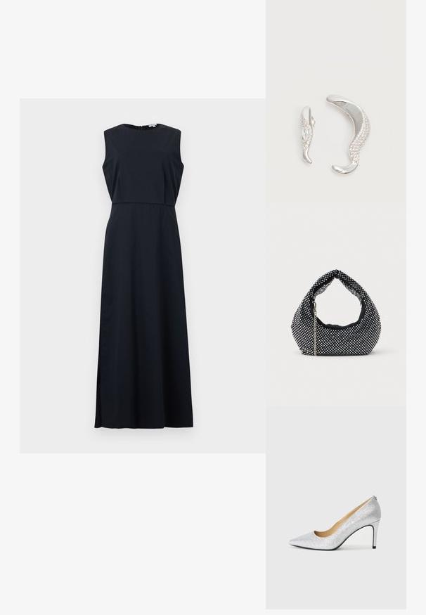 Robe maxi noire sans manches avec corsage ajusté et encolure ronde, présentant un détail superposé subtil à la taille.; Pompe à talons aiguilles en argent pailleté avec un bout pointu et une doublure intérieure lisse. Le talon est fin, soulignant le design élégant.; Sac à main en maille noire orné de clous en argent, avec une poignée incurvée et une bandoulière en chaîne. Texture douce avec une forme arrondie.; Deux boucles d'oreilles argentées courbées, l'une plus grande que l'autre, toutes deux ornées de petits cristaux scintillants le long d'un bord.