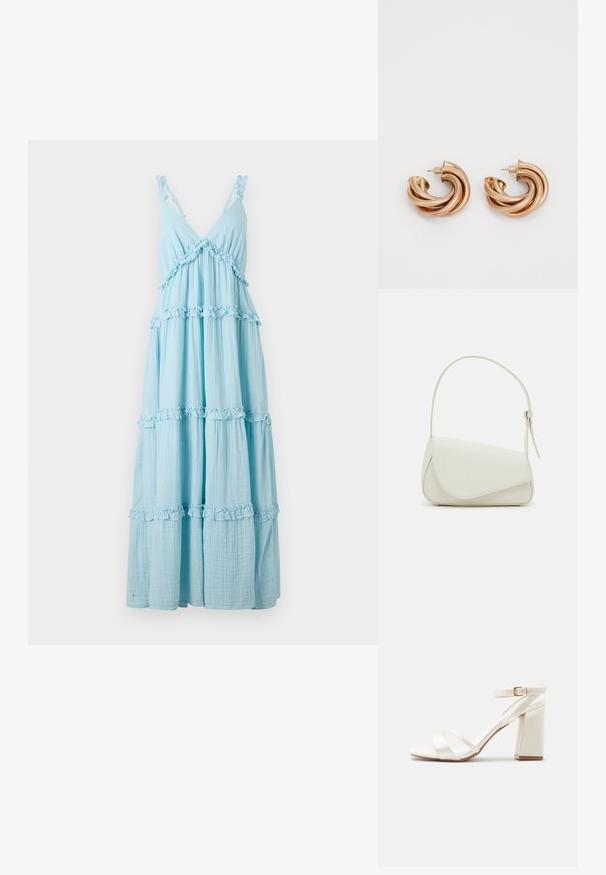 Vestido maxi acampanado de color azul claro, hecho de una tela suave con acentos de volantes y tirantes ajustables. Presenta un escote en V y un diseño fluido.; Sandalia blanca de tacón alto con bloque, dos tiras delanteras y una correa en el tobillo con hebilla dorada sobre un fondo liso.; Bolso de mano de imitación cuero blanco con una forma triangular estructurada, correa ajustable única y cierre con solapa acentuada en curva.; Pendientes de oro metálico con un diseño retorcido. Forma redondeada con una textura lisa y brillante y cierre de pasador. Anchura y profundidad considerables.