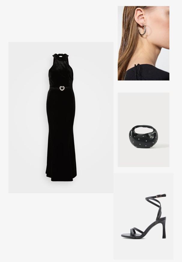 Vestido de terciopelo negro con cuello halter alto y silueta ajustada, que presenta un detalle de cinturón con forma de corazón en strass. Textura suave.; Sandalias negras de tacón alto con un diseño elegante, que cuentan con dos tiras estrechas sobre los dedos y una correa cruzada en el tobillo con hebilla.; Bolso de mano de cuero negro con forma redondeada, decorado con detalles de tachuelas plateadas y un asa corta. Textura lisa y cierre con cremallera.; Pendiente de aro de plata con un acabado pulido, que presenta pequeños detalles en dorado y una forma redonda, llevado en el lóbulo.