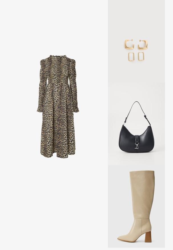 Mekko, jossa on leopardikuosiset pitkät hihat, röyhelökaula-aukko ja laskeutuva siluetti. Valmistettu pehmeästä, kevyestä kankaasta.; Beige nahkatossut polven ylle, joissa on teräväkärkinen muoto, teksturoitu korko ja sileä pinta. Sauman yksityiskohta nilkassa ja yläreunassa.; Pieces PCLIKA SHOULDER BAG - Käsilaukku - black; Kaksi paria kultaisen sävyisiä geometrisia rinkulanmuotoisia korvakoruja yksinkertaisella valkoisella pinnalla, toinen pari neliönmuotoisia ja massiivisia, toinen pari suorakaiteen muotoisia ja onttoja.