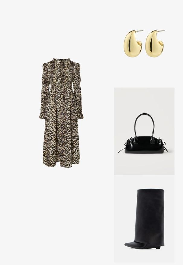 Leopardprint lange mouw jurk met een gesmokte lijfje, hoge halslijn en vloeiende silhouet. Gemaakt van zachte, lichte stof.; Zwarte leren enkellaarzen met een hoge cilindervormige schacht, puntige neus en lage platte hak, met een gladde textuur en minimalistisch ontwerp.; Kleine zwarte glanzende handtas met twee lange hengsels en zijkant trekkoord details op een effen lichte achtergrond.; Gouden studs met een gladde, gepolijste afwerking, in een abstracte, druppelvorm. Eenvoudige metalen achterzijde voor bevestiging.