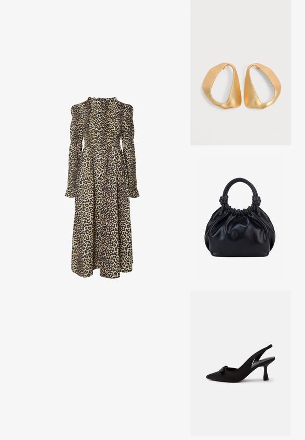 Leopardprint lange mouw jurk met een gesmokte lijfje, hoge halslijn en vloeiende silhouet. Gemaakt van zachte, lichte stof.; Zwarte slingback pumps met een spits toelopende neus, kleine strik aan de voorkant en een smalle hak, afgebeeld tegen een witte achtergrond.; Zwarte zachte leren handtas met geplooide bovenkant en twee dikke handvatten die in knopen zijn gestrikt tegen een effen lichte achtergrond.; Een paar onregelmatige, asymmetrische gouden oorringen met een gladde, matte afwerking op een neutrale achtergrond.